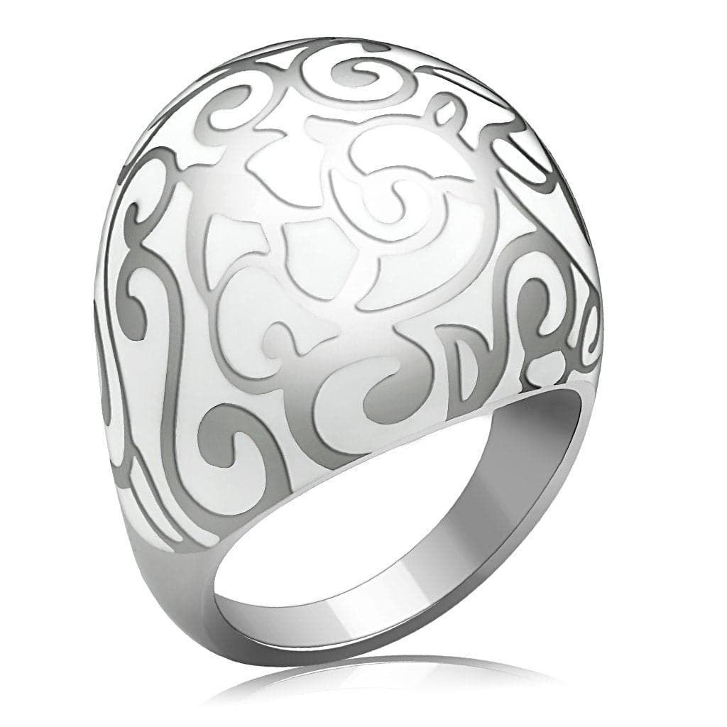 Stainless Steel White Enamel Scroll Dome Cocktail Ring
