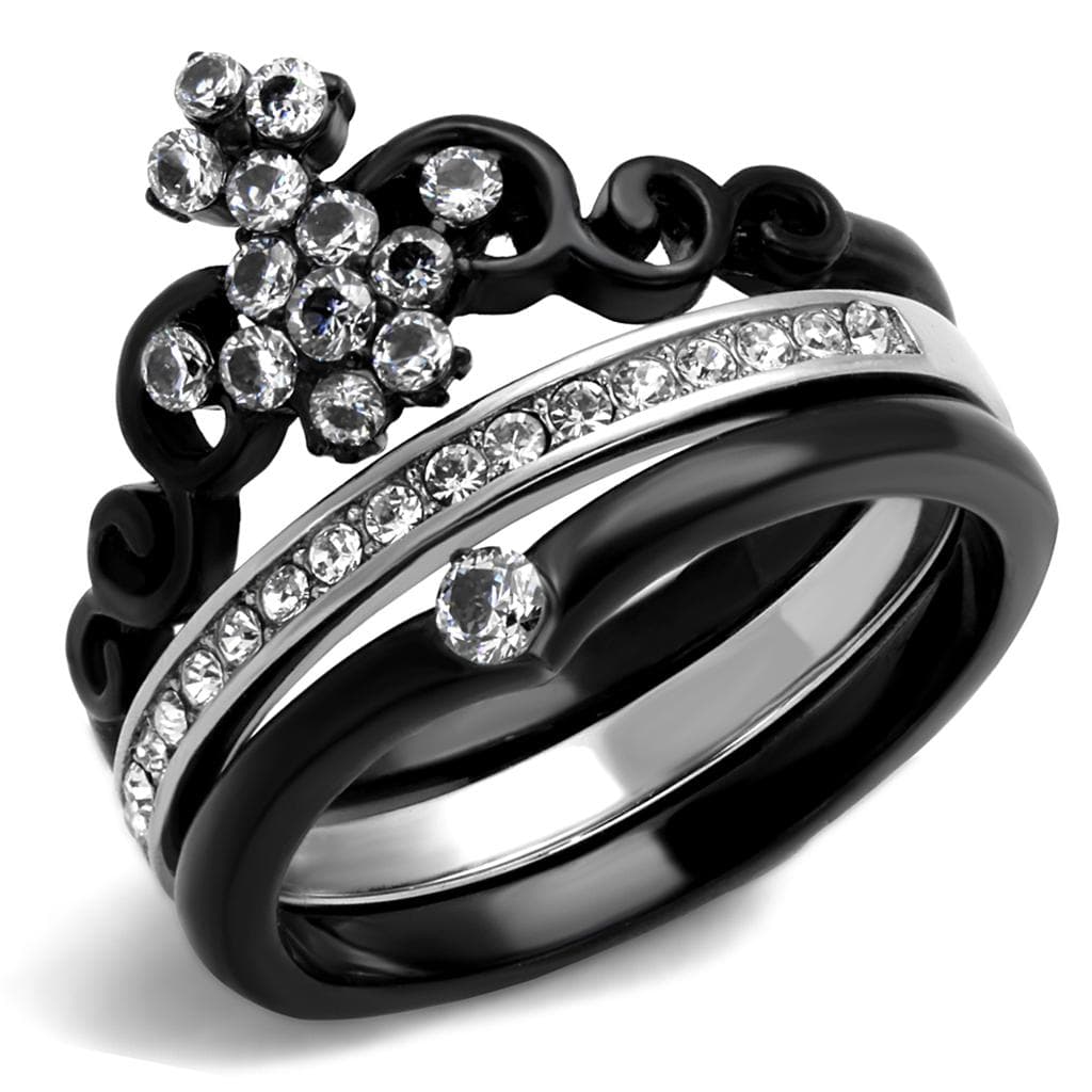 Stainless Steel Black IP CZ Flower Cross Channel Two Tone Ring