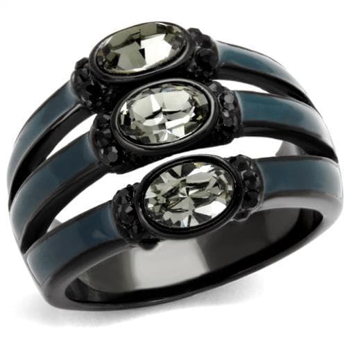 Stainless Steel Black Teal Double Oval Smoky Crystal Dome Ring