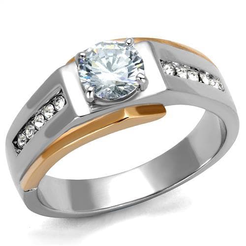 Stainless Steel Two Tone Rose Gold CZ Round Bezel Pave Mens Ring