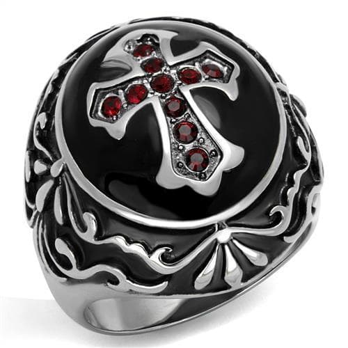Stainless Steel Red Garnet CZ Gothic Cross Ornate Dome Ring