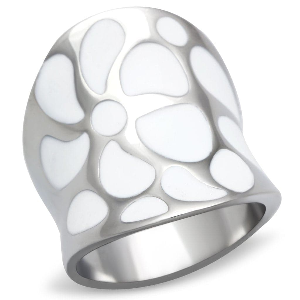 Stainless Steel White Enamel Petal Dome Ring