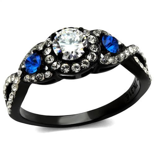 Stainless Steel Black IP CZ Round Halo Sapphire Accent Ring