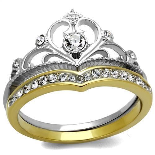Stainless Steel Two Tone Silver Gold CZ Crown Tiara Bridal Ring
