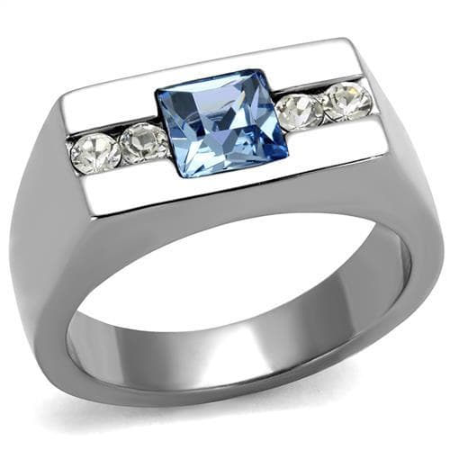 Stainless Steel Light Blue CZ Princess Channel Mens Ring