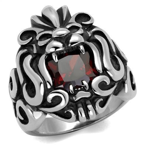 Stainless Steel Antiqued Lion Face Garnet Red CZ Ring