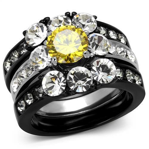 Stainless Steel Two Tone Black IP Yellow CZ Cushion Halo Ring