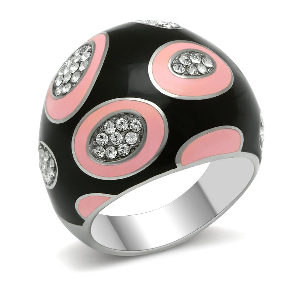 Stainless Steel Black Enamel Pink Circle CZ Pave Dome Ring