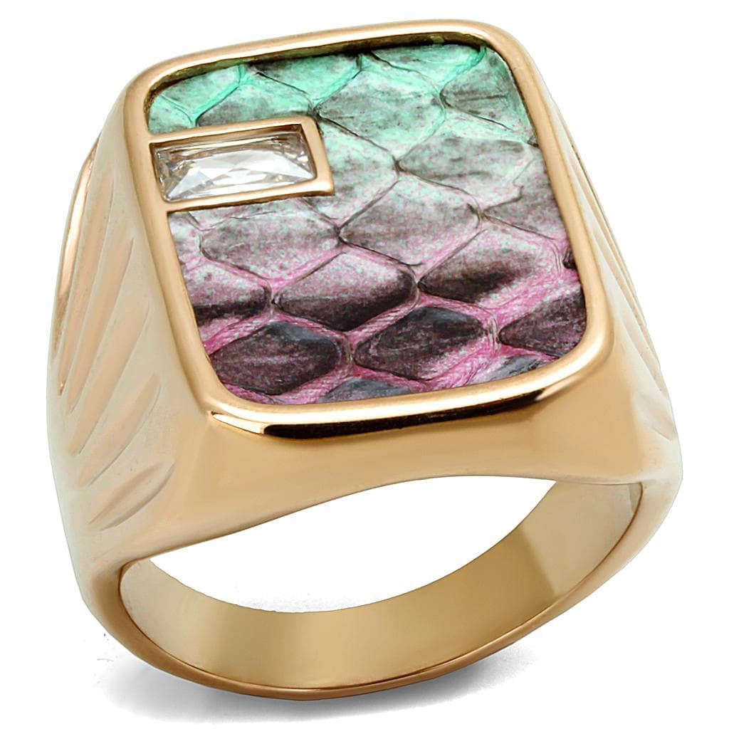 Stainless Steel Gold IP Rainbow Snakeskin Inlay Square Ring