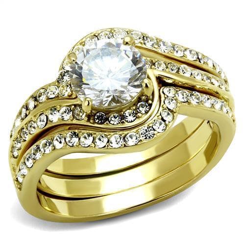 Stainless Steel Gold IP CZ Round Solitaire Pave Bridal Stack Ring