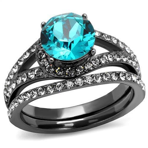 Stainless Steel Dark Gunmetal Aquamarine Blue CZ Round Pave Ring