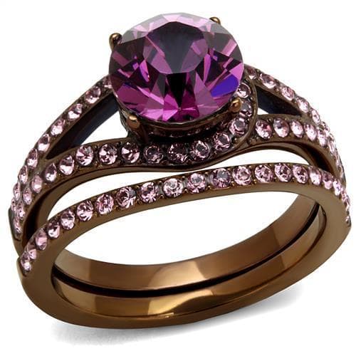Stainless Steel Coffee Brown IP Amethyst Purple CZ Round Ring
