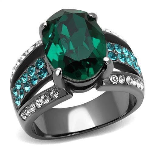 Stainless Steel Dark Gunmetal Emerald Green Oval CZ Ring