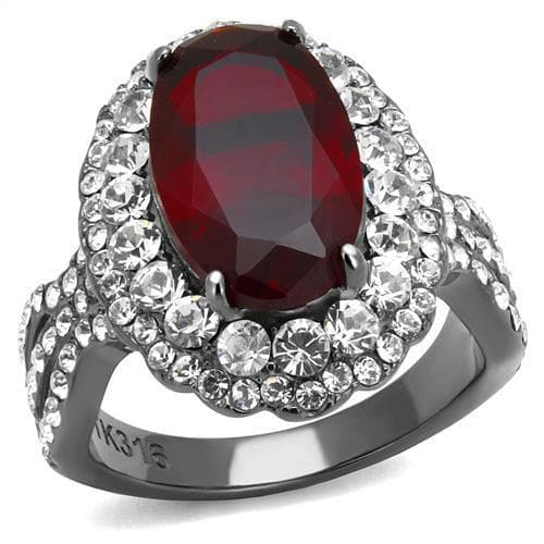 Stainless Steel Red Garnet Oval CZ Double Halo Pave Cocktail Ring