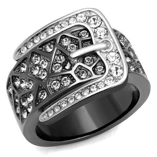Stainless Steel Dark Gunmetal CZ Pave Buckle Belt Wide Dome Ring