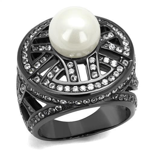 Stainless Steel Dark Gunmetal White Pearl CZ Pave Lattice Ring