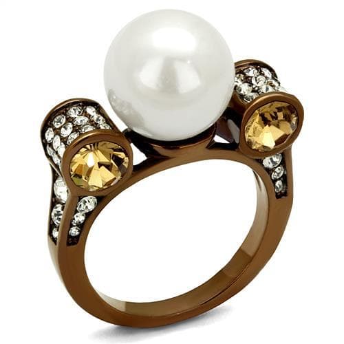 Stainless Steel Coffee Brown IP White Pearl Champagne CZ Bow Ring