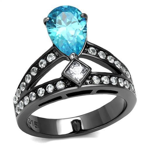 Stainless Steel Dark Gunmetal Aquamarine Pear CZ Pave V Ring