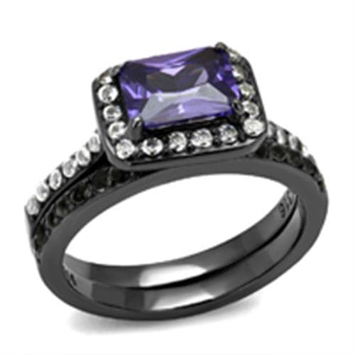 Stainless Steel Dark Gunmetal Tanzanite Purple CZ Emerald Ring
