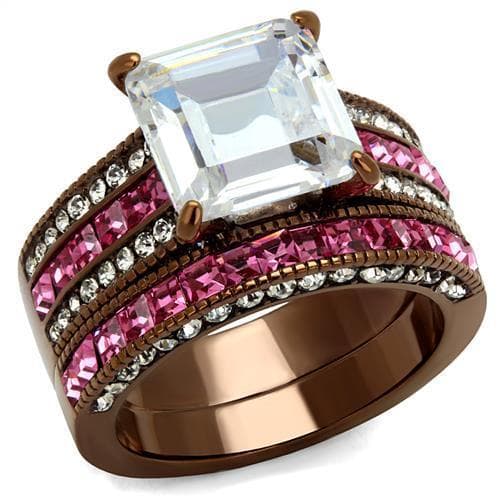 Stainless Steel Coffee Brown IP CZ Emerald Cut Pink Channel Ring
