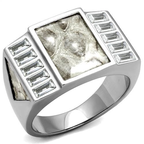 Stainless Steel Marble Gray Resin CZ Baguette Square Signet Ring