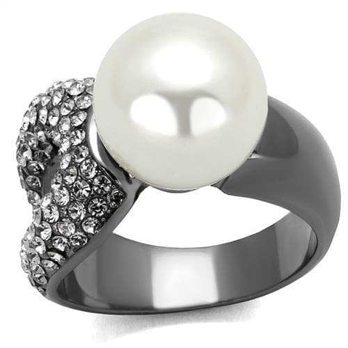 Stainless Steel Dark Gunmetal White Pearl CZ Pave Bypass Ring