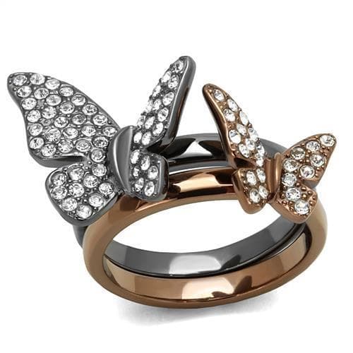 Stainless Steel Two Tone Coffee Brown Rose Gold CZ Butterfly Ring