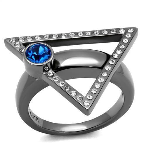 Stainless Steel Dark Gunmetal Blue Sapphire CZ Triangle Ring