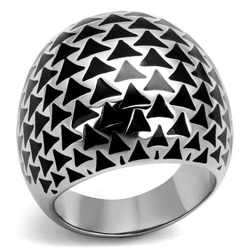 Stainless Steel Silver Polished Black Triangle Pattern Wide Ring