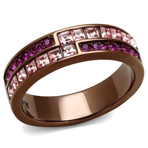Stainless Steel Coffee Brown IP Fuchsia Pink CZ Princess Ring