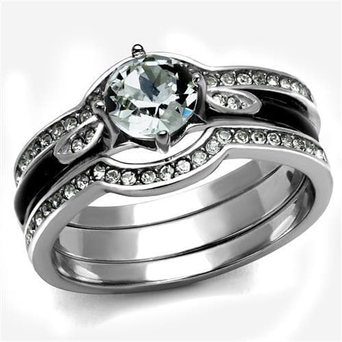 Stainless Steel CZ Round Pave Leaf Vine Bridal Stack Ring