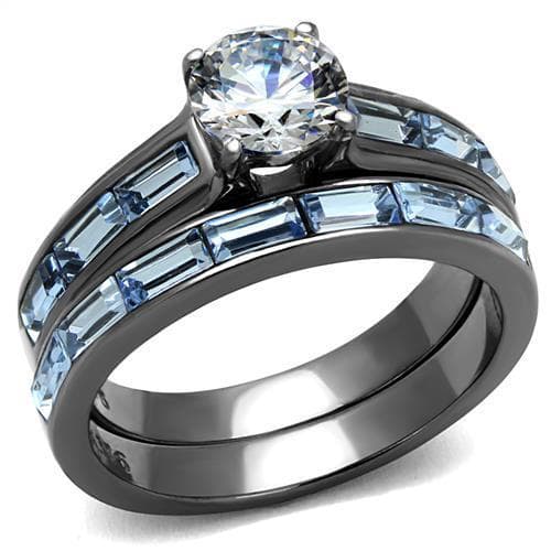 Stainless Steel Dark Gunmetal Light Blue CZ Baguette Channel Ring
