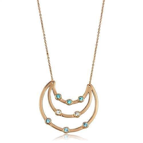 Stainless Steel Rose Gold IP Aquamarine Crystal Moon Necklace