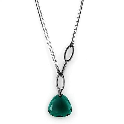 Stainless Steel Dark Gunmetal Emerald Green CZ Pear Necklace
