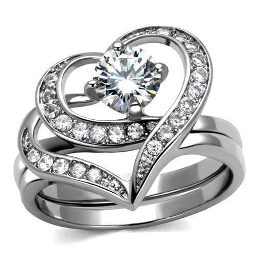 Stainless Steel CZ Round Pave Heart Open Bridal Ring