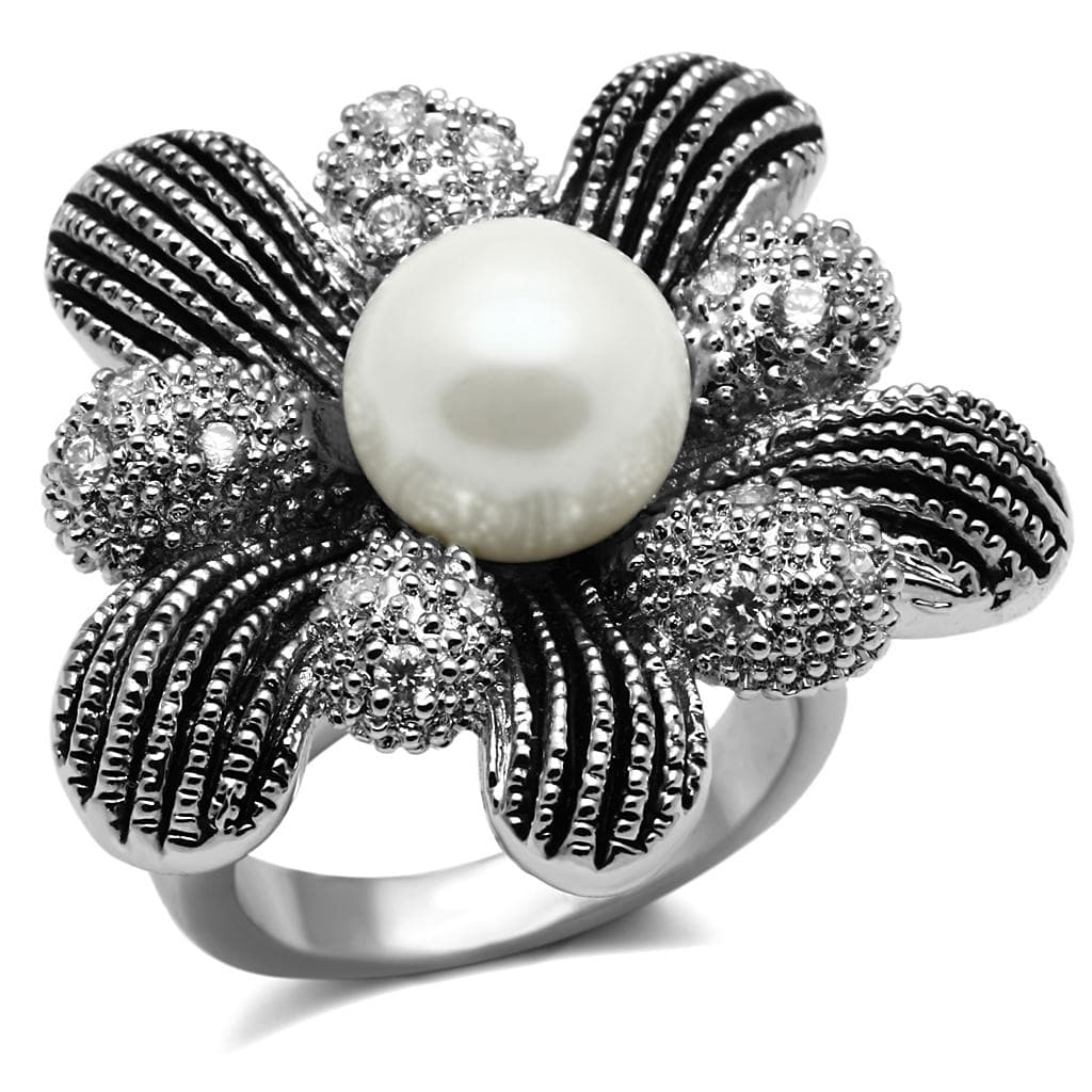 Stainless Steel White Pearl CZ Pave Sunflower Cocktail Ring