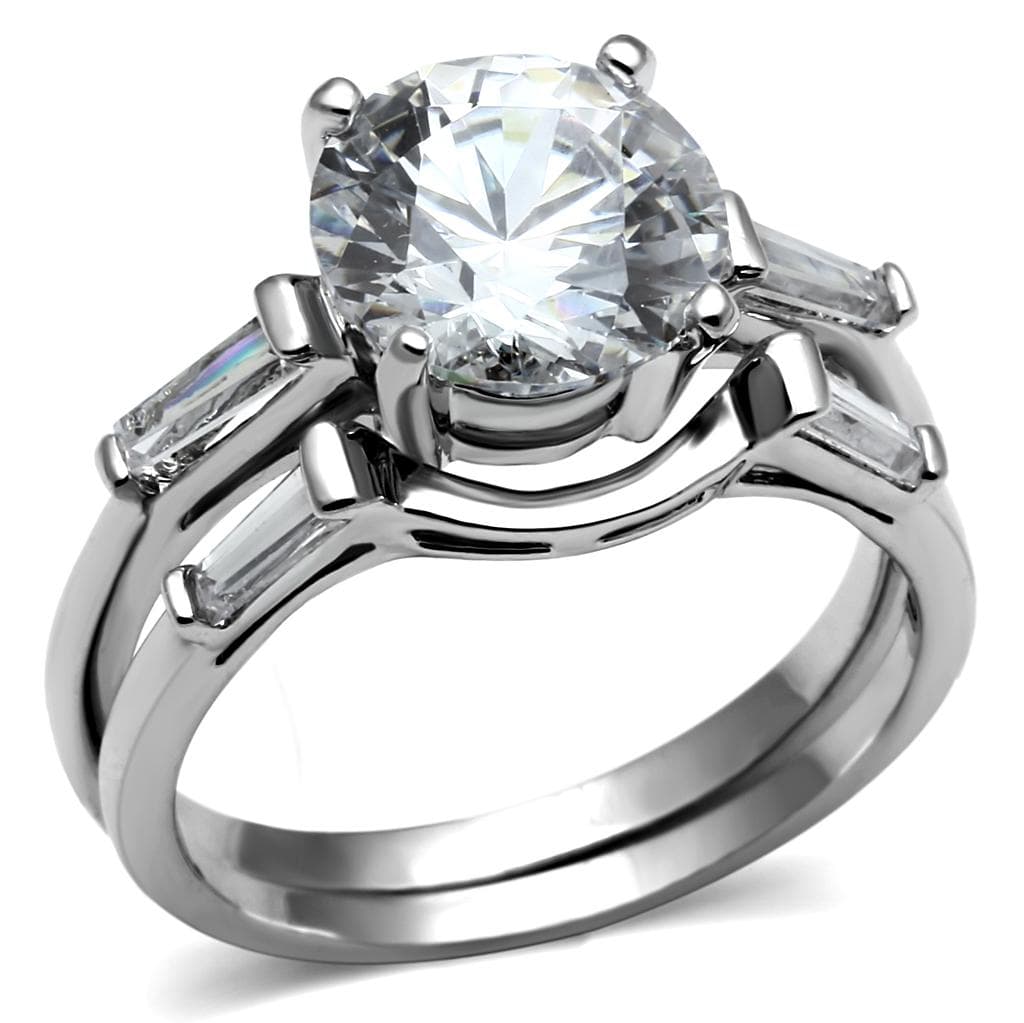 Stainless Steel CZ Round Baguette Halo Pave Bridal Stack Ring