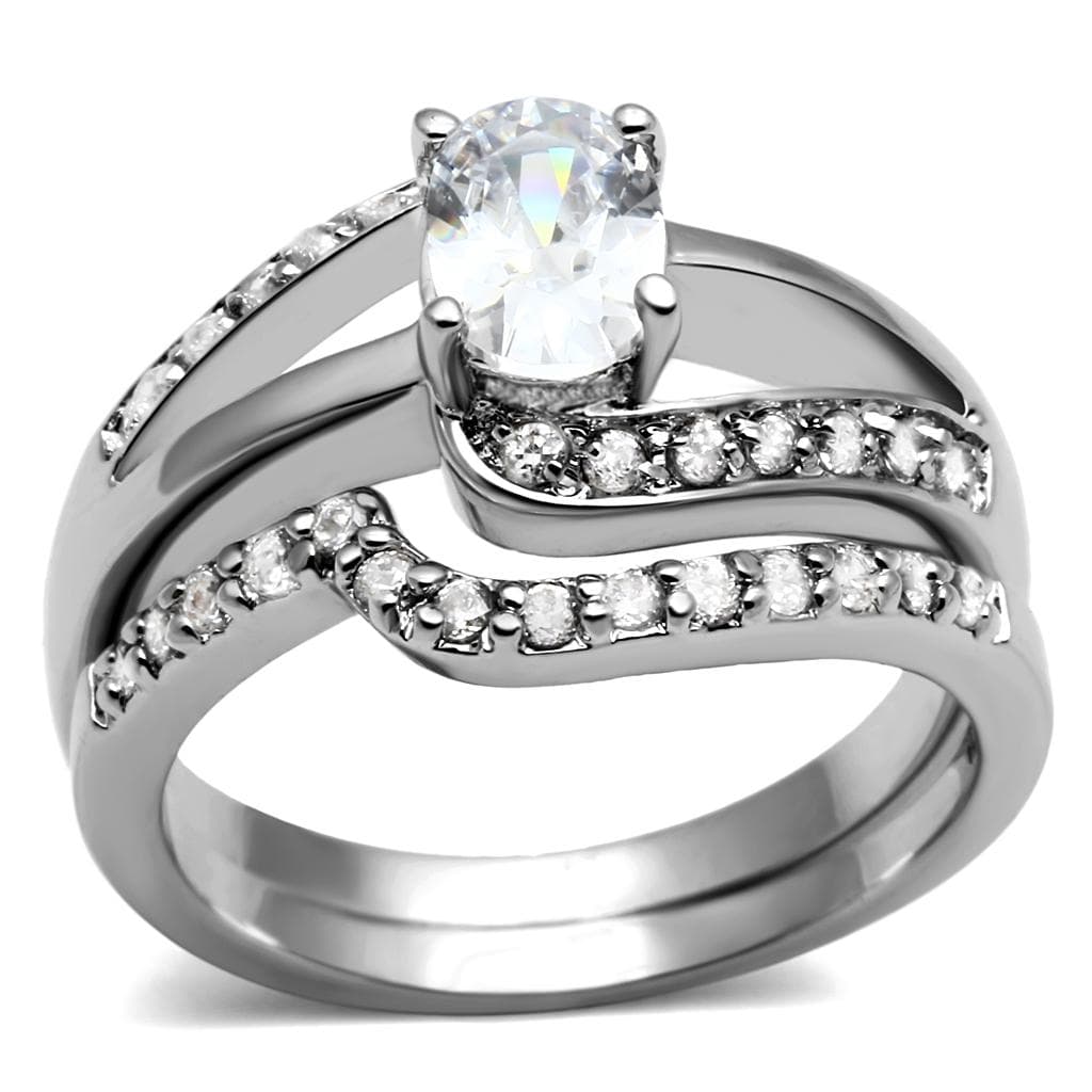 Stainless Steel CZ Round Pave Chevron Wave Bridal Ring