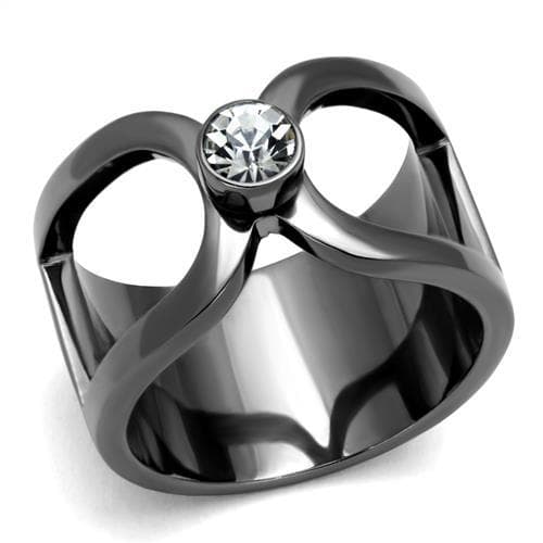 Stainless Steel Dark Gunmetal CZ Bezel Open Cutout Wide Band Ring