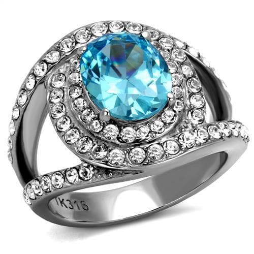 Stainless Steel Aquamarine Blue CZ Cushion Double Halo Pave Ring