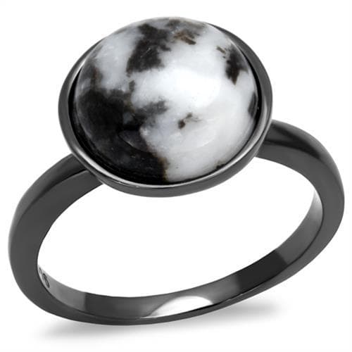 Stainless Steel Dark Gunmetal White Howlite Cabochon Round Ring