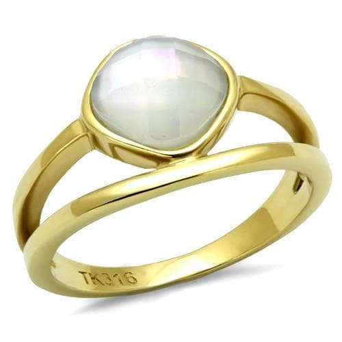 Stainless Steel Gold IP Mother of Pearl Cabochon Round Ring