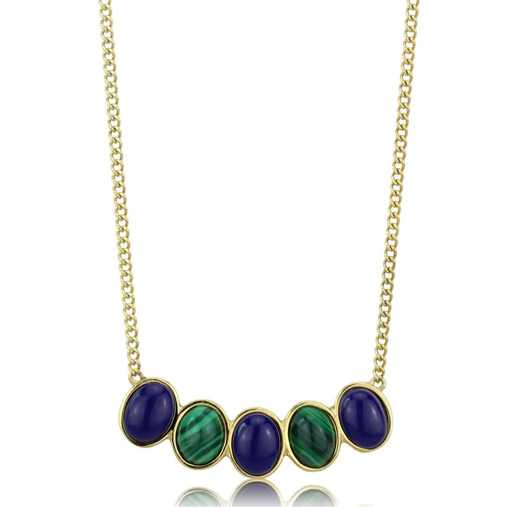Stainless Steel Gold IP Lapis Blue Malachite Multi Necklace