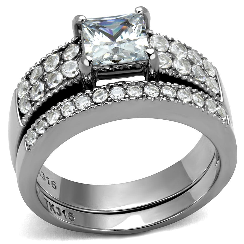 Stainless Steel CZ Princess Cut Pave Wide Bridal Stack Ring