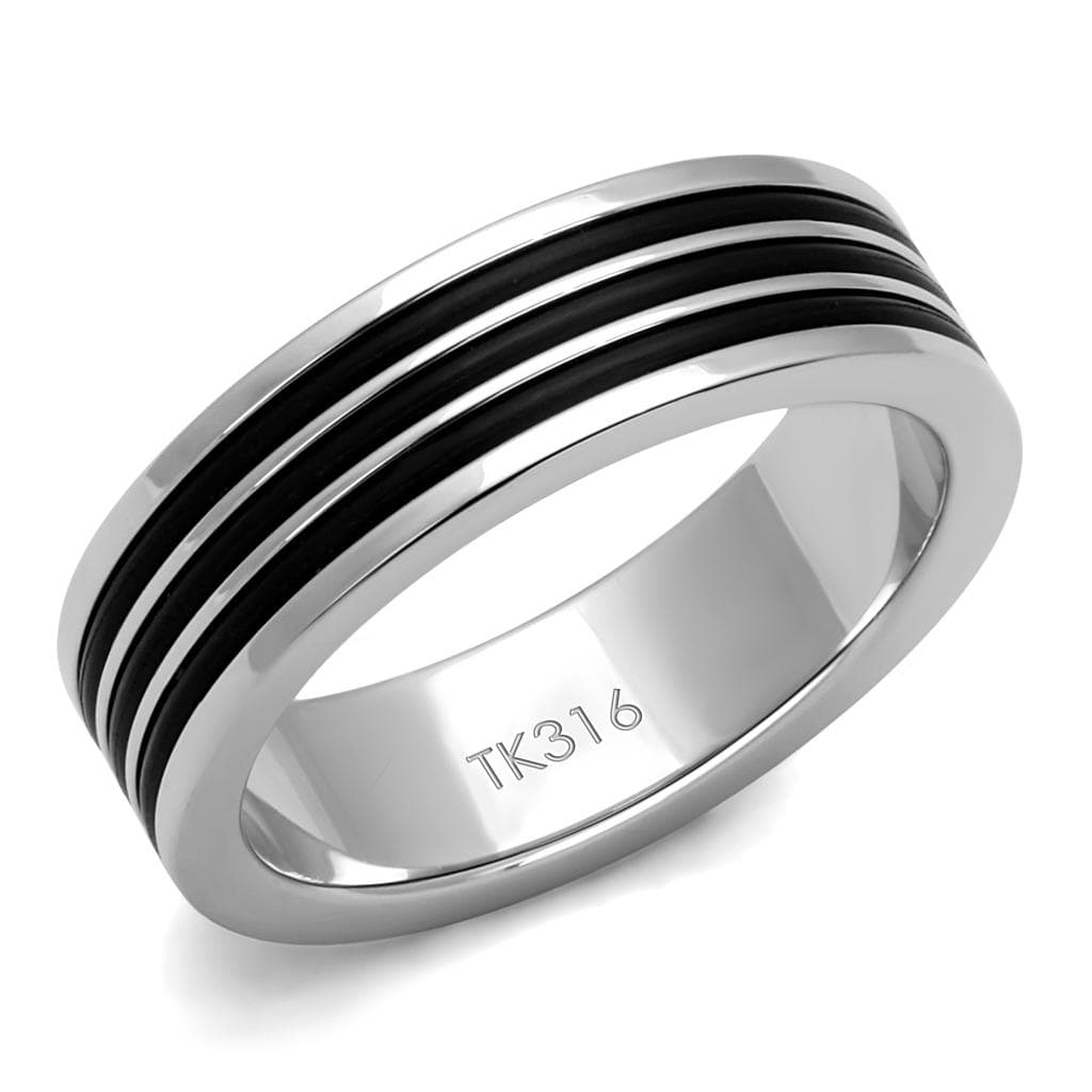 Stainless Steel Black IP Triple Stripe Grooved Band Ring