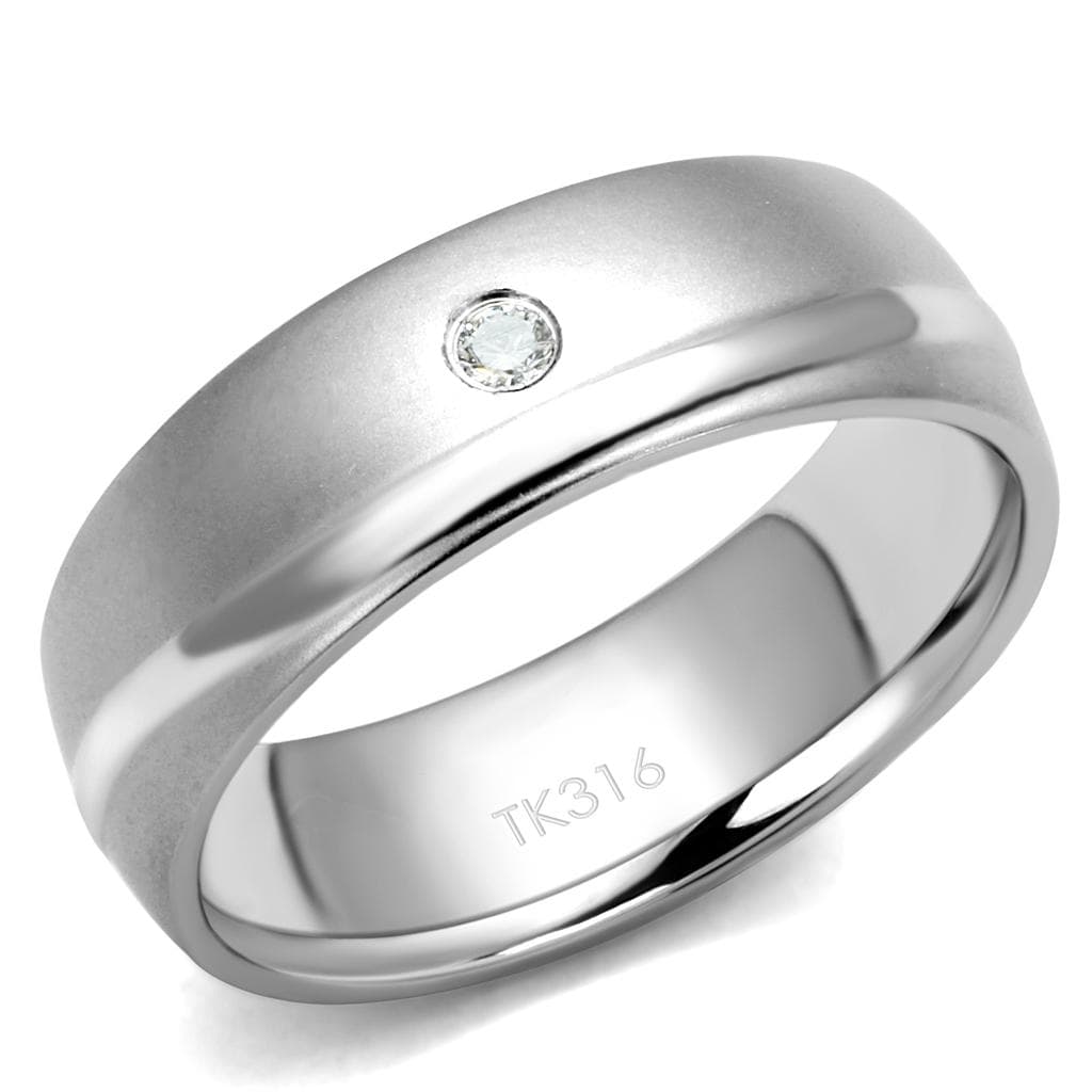 Stainless Steel CZ Single Bezel Dome Groove Band Ring