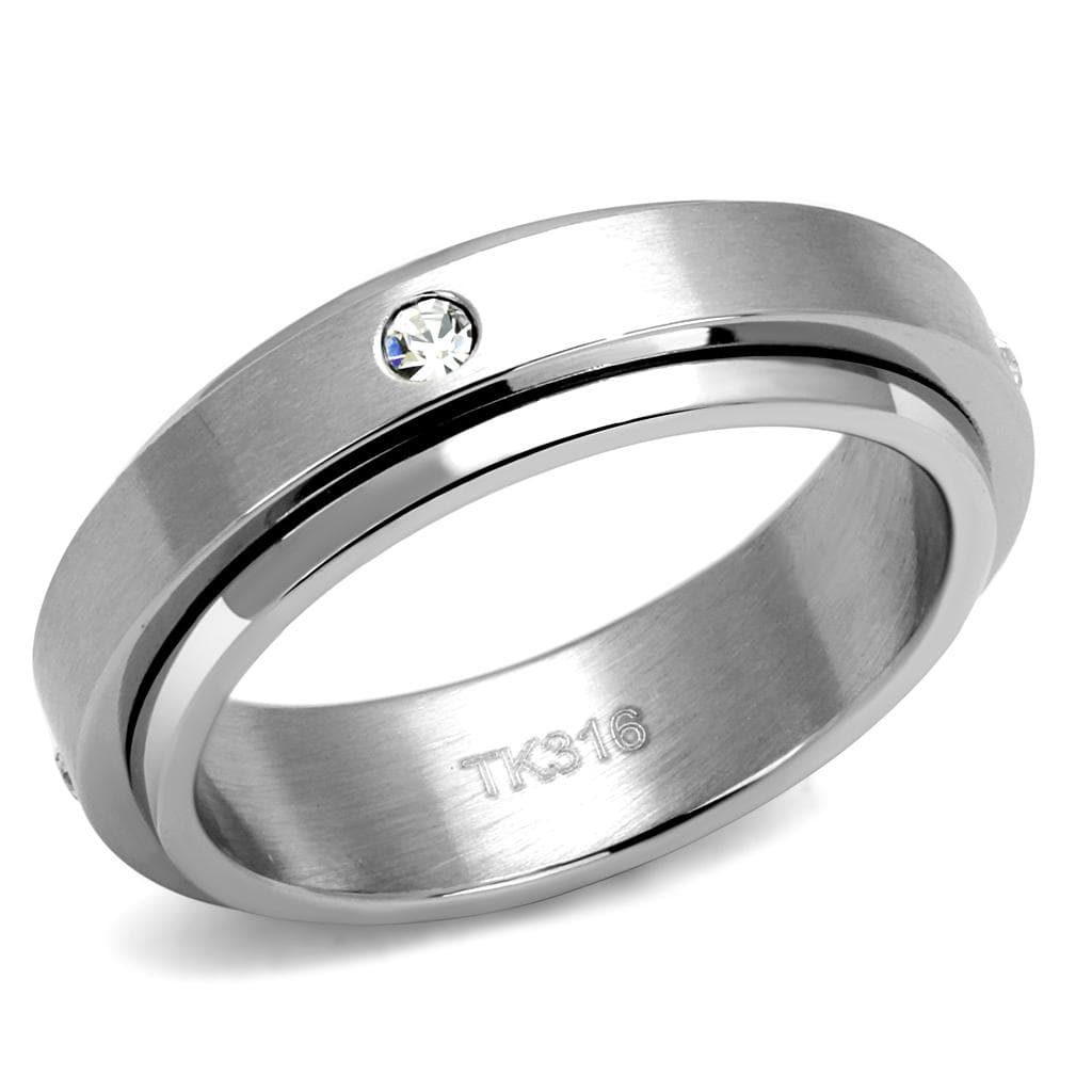 Stainless Steel CZ Single Bezel Satin Grooved Step Band Ring