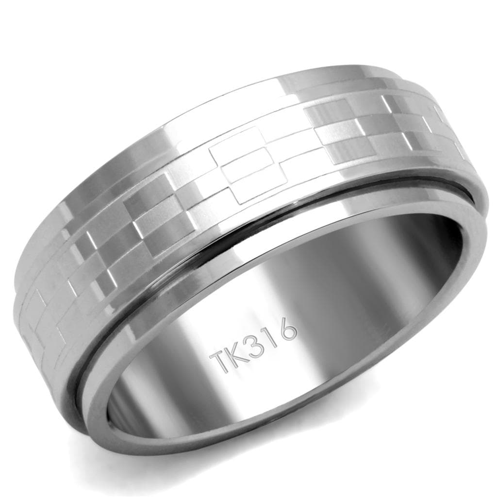 Stainless Steel Polished Brick Checkerboard Pattern Wide Ring