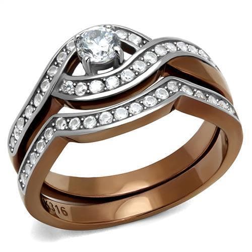 Stainless Steel Two Tone Coffee Brown Silver CZ Round Pave Ring