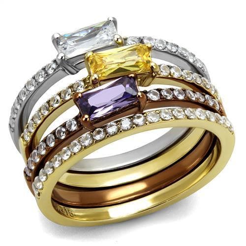 Stainless Steel Two Tone Gold Coffee Brown Multi Color CZ Ring